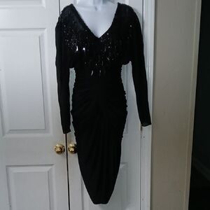 Cache Vintage black sequin embellished ruched dress Sz 10  EUC Made in USA